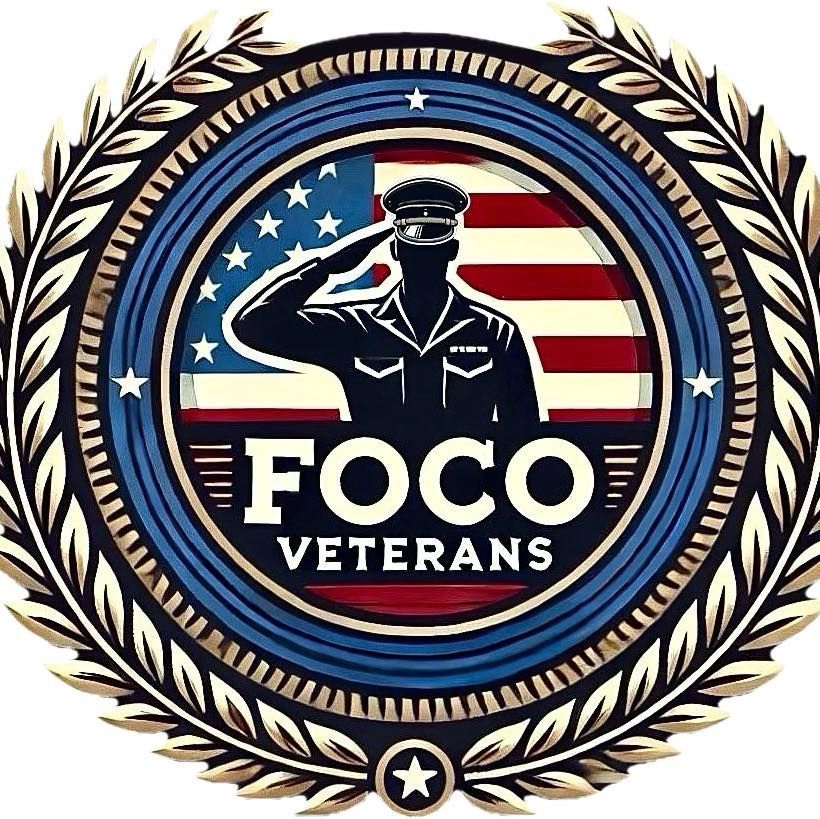 The logo for foco veterans shows a soldier saluting in front of an american flag.