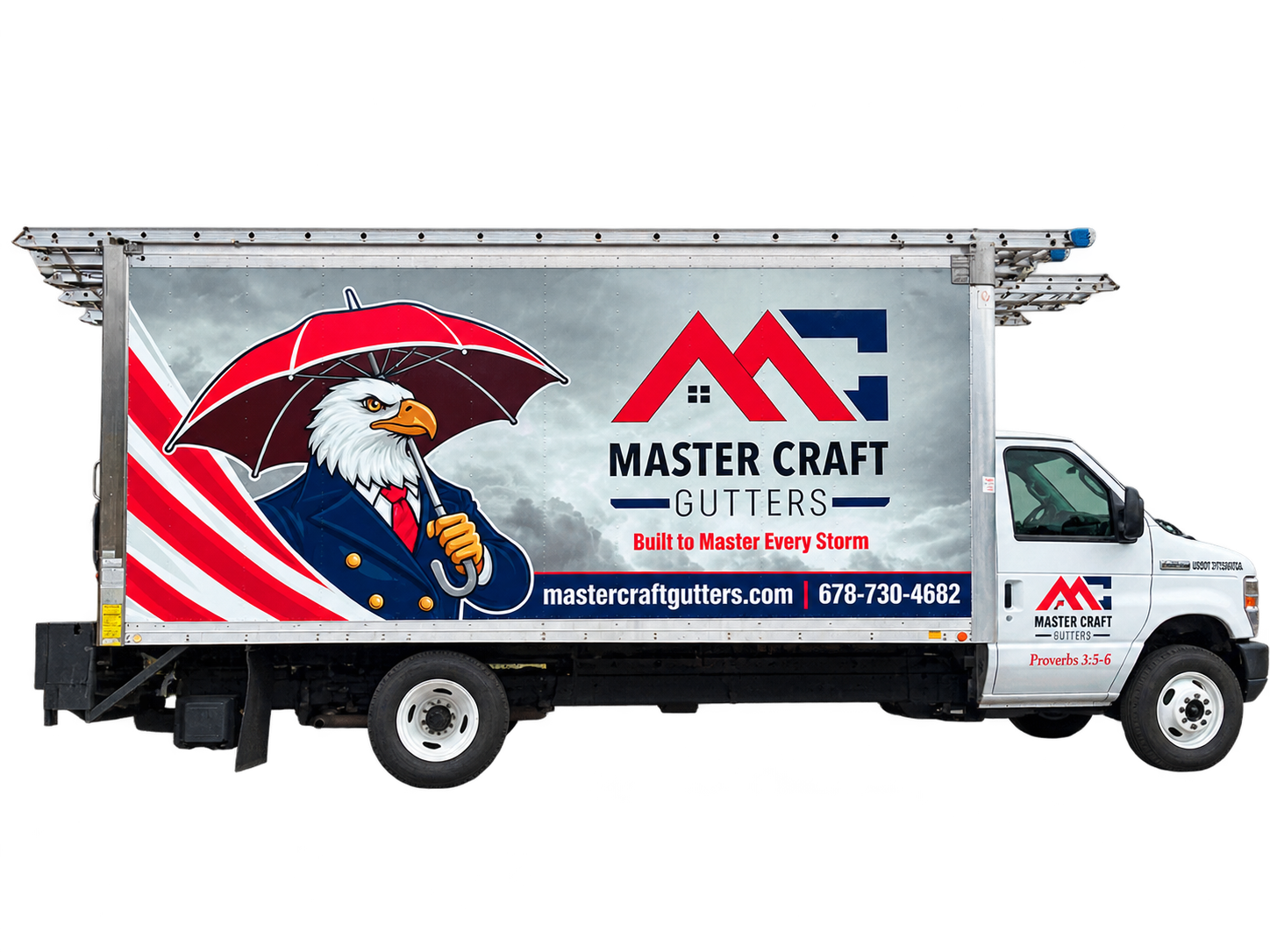 White box truck with Master Craft Gutters logo on the side, shown in profile on a white background