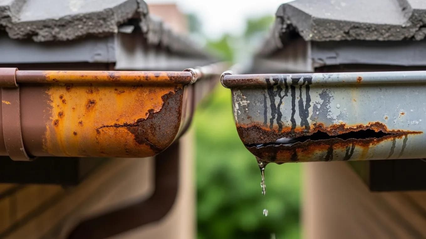 Rusty and leaking metal gutters with dark water stains under roof shingles
