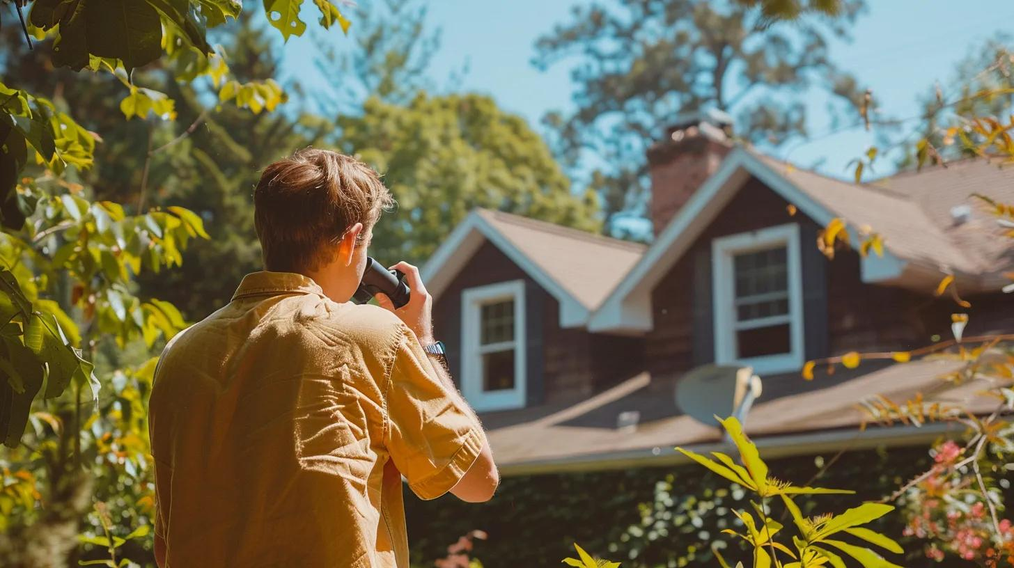 Person photographing a house in a sunny suburban yard, framed by greenery and trees.