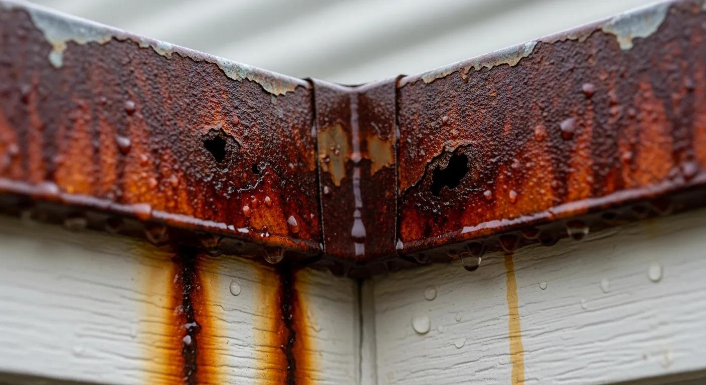 Rusty metal roof edge with dripping rust stains on white siding
