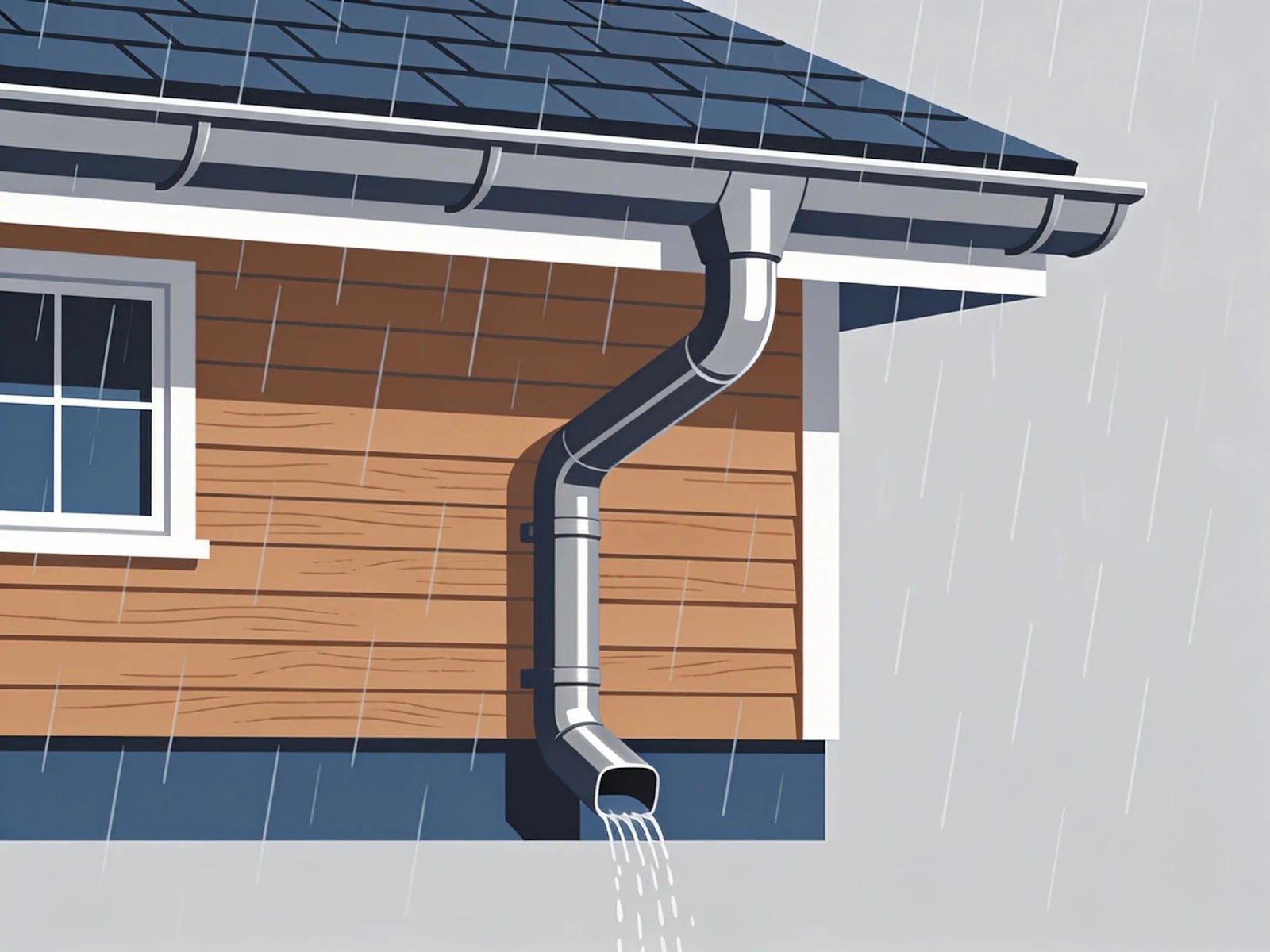 Rainwater draining from a gray gutter downspout on a house with brown siding and dark roof.