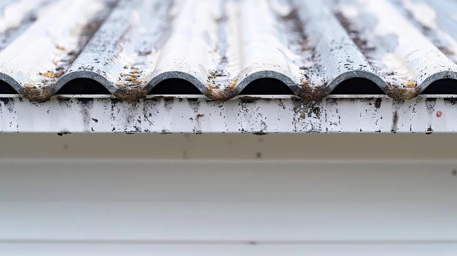 Snow-dusted corrugated roof edge with white fascia and dark dirt streaks