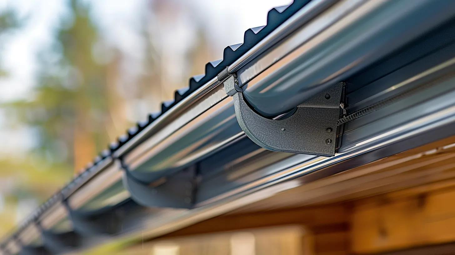 Close-up of a gray metal rain gutter along a roof edge with a downspout bracket and blurred trees behind it
