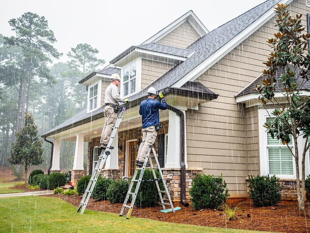 Two workers on ladders repairing a house roof and siding in a rainy yard