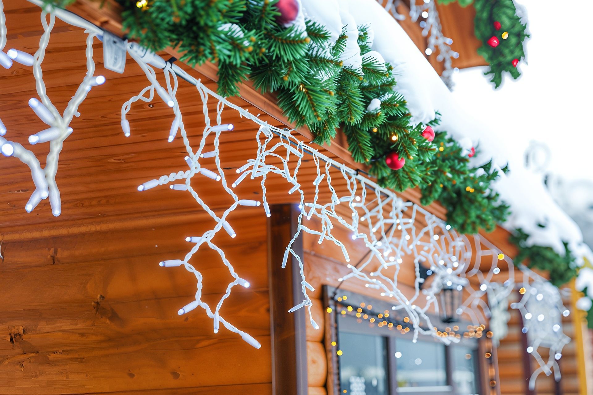 Snowflake Christmas lights hanging on a wooden cabin eave with green garland and red berries