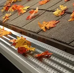Autumn leaves on a shingled roof beside a silver gutter filled with leaves