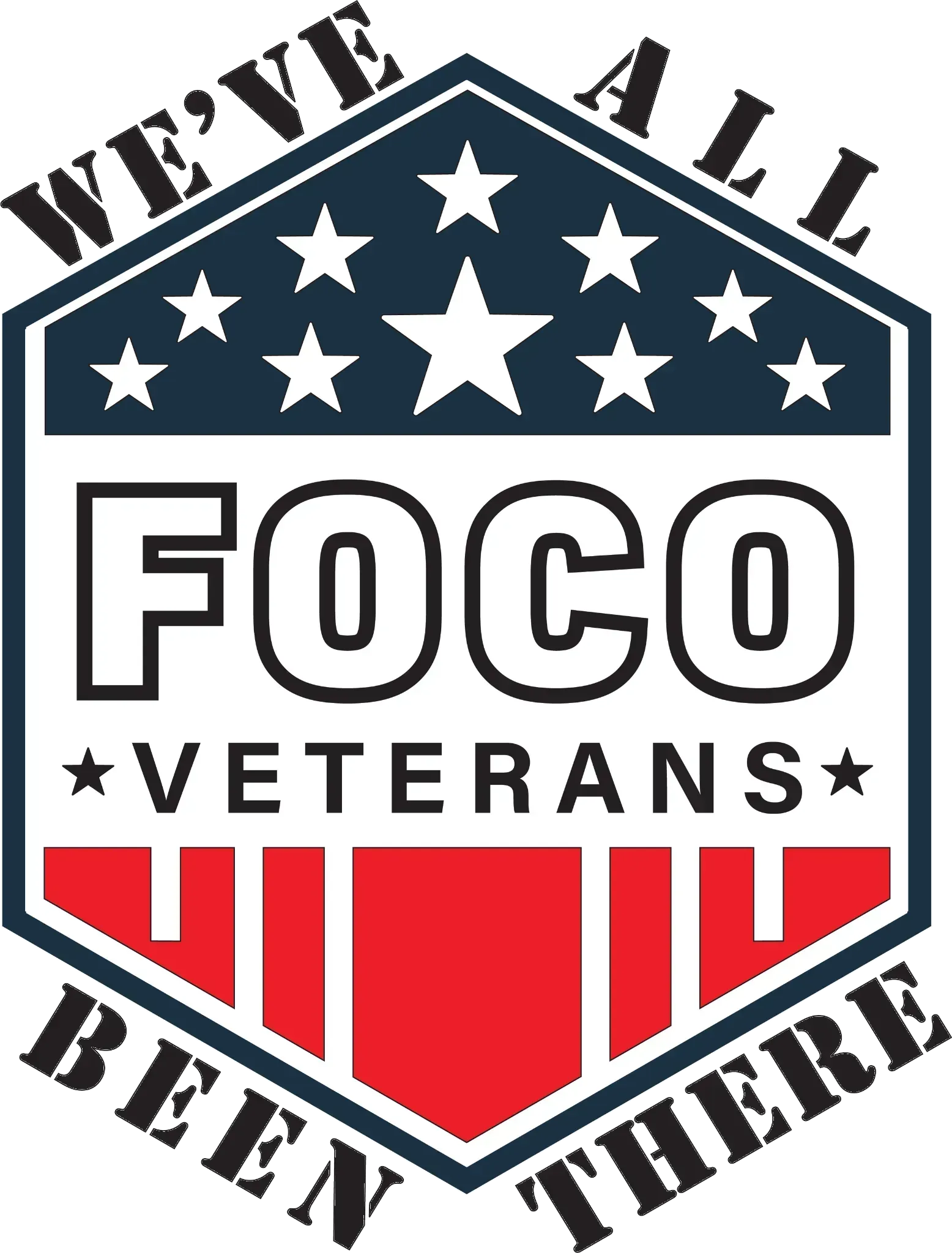 The logo for foco veterans shows a soldier saluting in front of an american flag.
