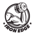 A black and white logo for a gym with a muscular arm holding a dumbbell.