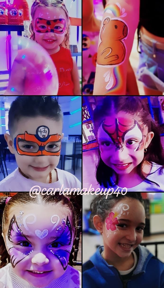 Niños con pintura facial de colores; un superhéroe, una mariposa y otros diseños.