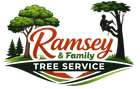 Logo for Ramsey & Family Tree Service featuring a tree, a person climbing a tree, and company name text.