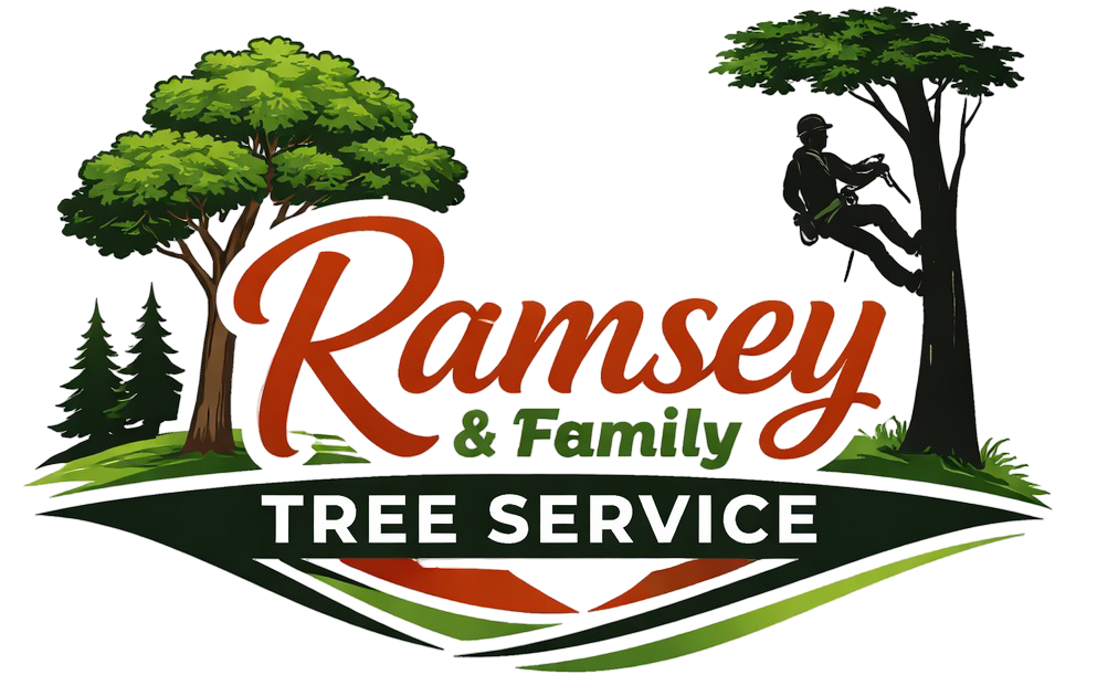Logo for Ramsey & Family Tree Service featuring a tree, a person climbing a tree, and company name text.