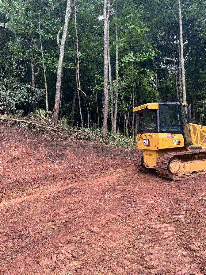 Yellow bulldozer on a reddish-brown dirt road, clearing a forest area.
