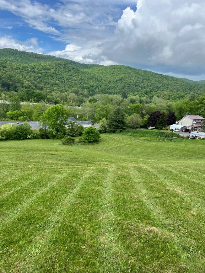 Green field with mowed lines, houses, trees, and a forested mountain under a cloudy sky.
