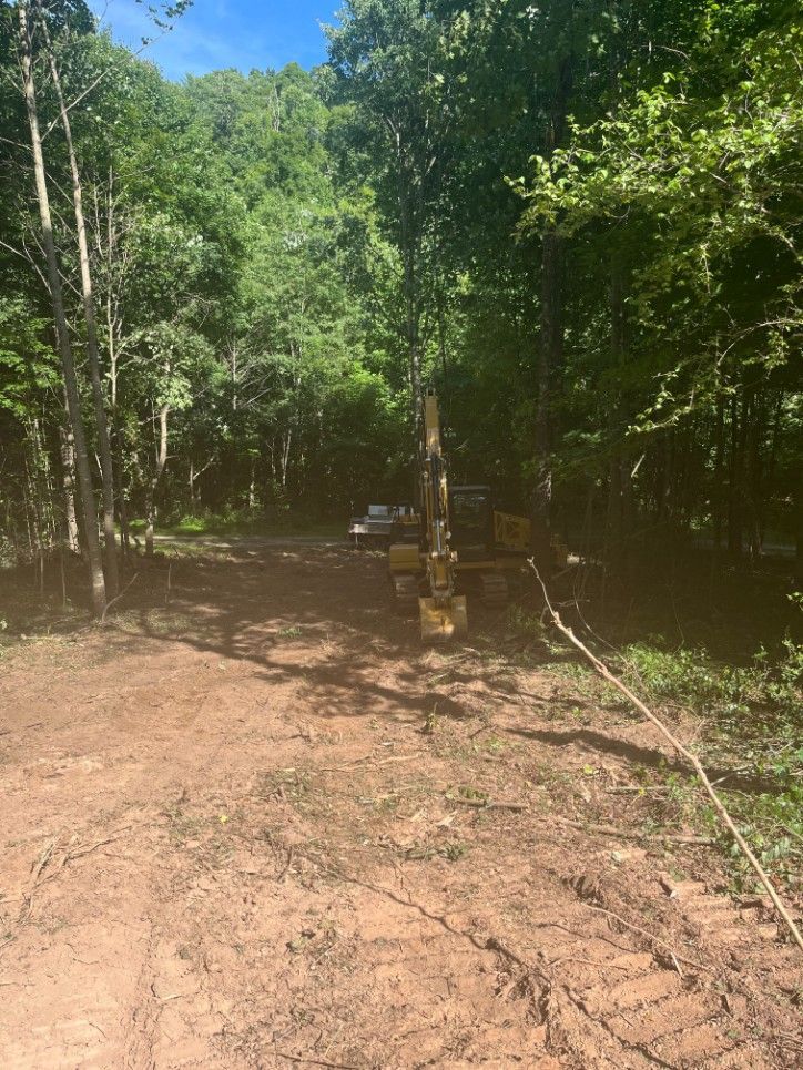 Dirt clearing in a forest with heavy machinery.