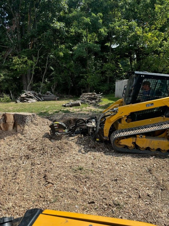 A yellow skid steer grinding a tree stump into wood chips outdoors.