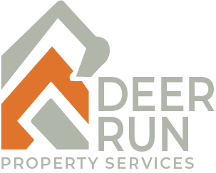 Logo for Deer Run Property Services: abstract house with an excavator arm, orange and gray colors. Text "DEER RUN PROPERTY SERVICES."