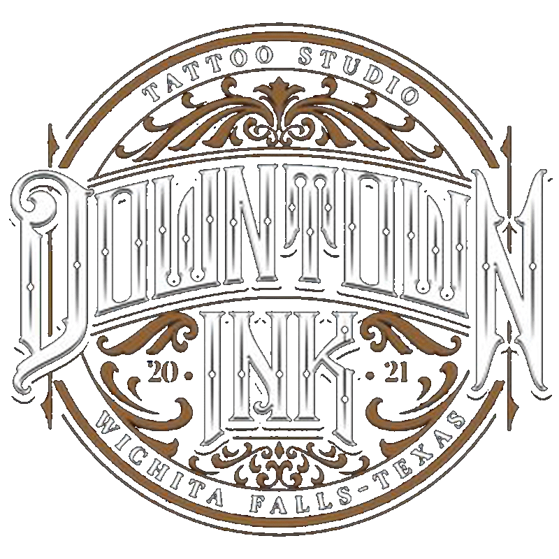 Logo for Downtown Ink Tattoo Studio, Wichita Falls, Texas. Brown and white circular design.