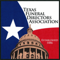 Texas Funeral Directors Association logo with Texas flag, Capitol dome, and “Established 1886” text
