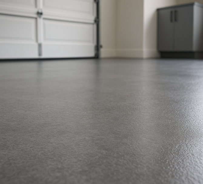 Gray epoxy-coated garage floor with closed white garage door and gray cabinet in the background in Chippewa Valley.
