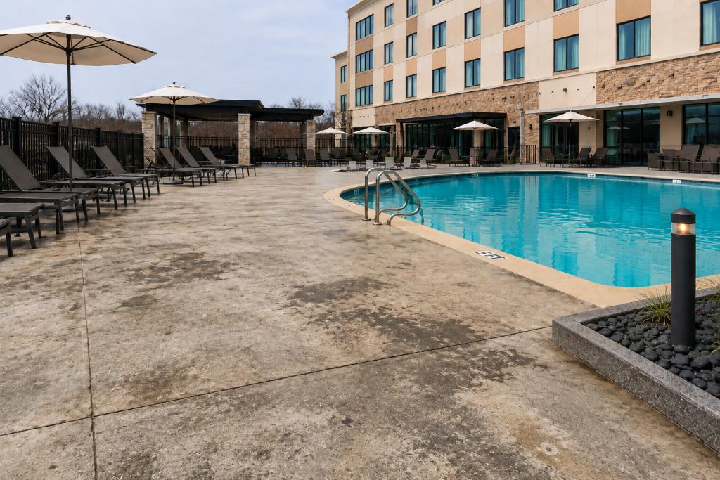 Before image of a hotel pool deck before coating it. 
