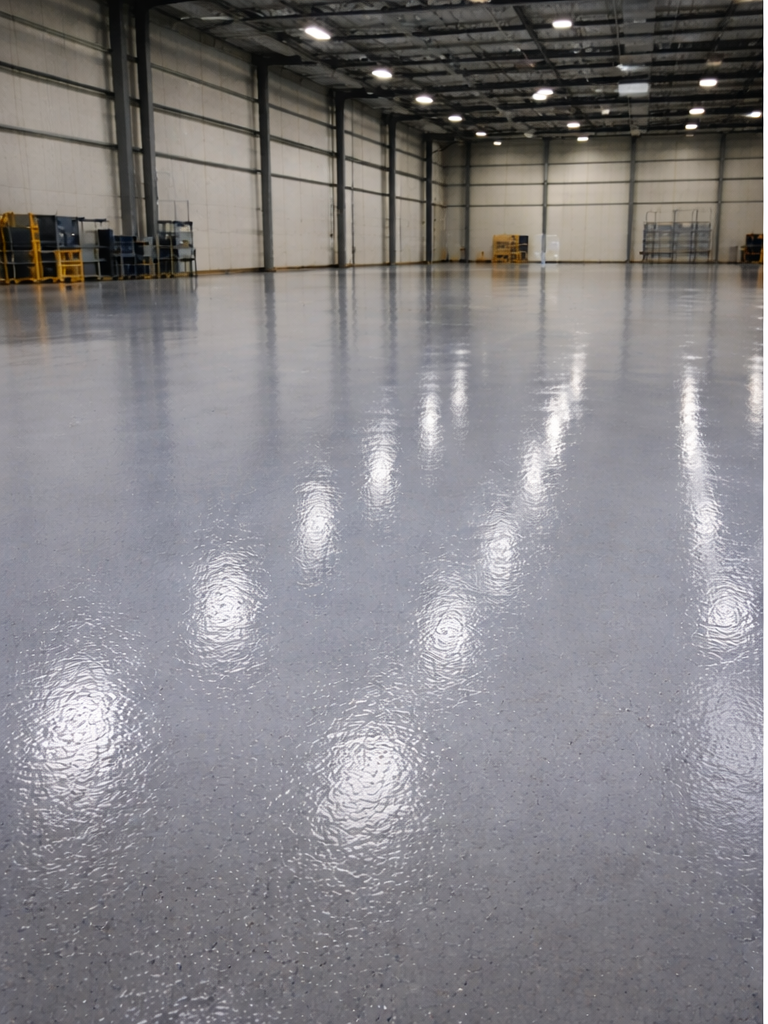 Commercial concrete floor coating applied on a large industrial warehouse floor with a smooth, glossy gray finish designed for durability, heavy equipment traffic, and long-lasting protection.