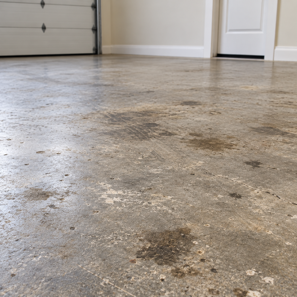 Chippewa Valley Floor Coatings showing a before image of a concrete garage 