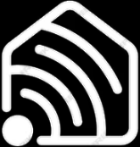 A white icon of a house with a wifi signal inside of it.
