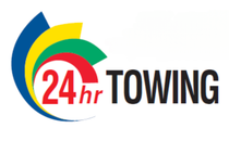 24hr TOWING logo with colorful swooshes in blue, yellow, green, and red