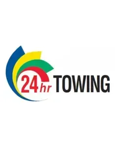 24hr TOWING logo with blue, green, and yellow swooshes on white background