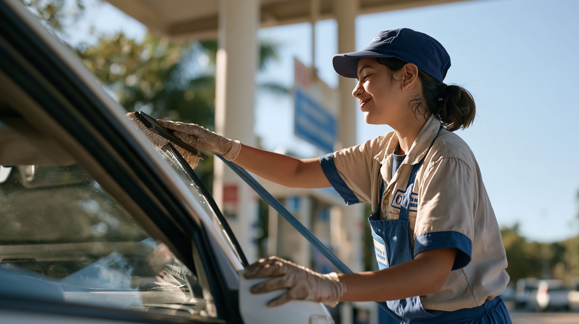 Person in a cap washing a car windshield outdoors with a sponge in bright sunlight