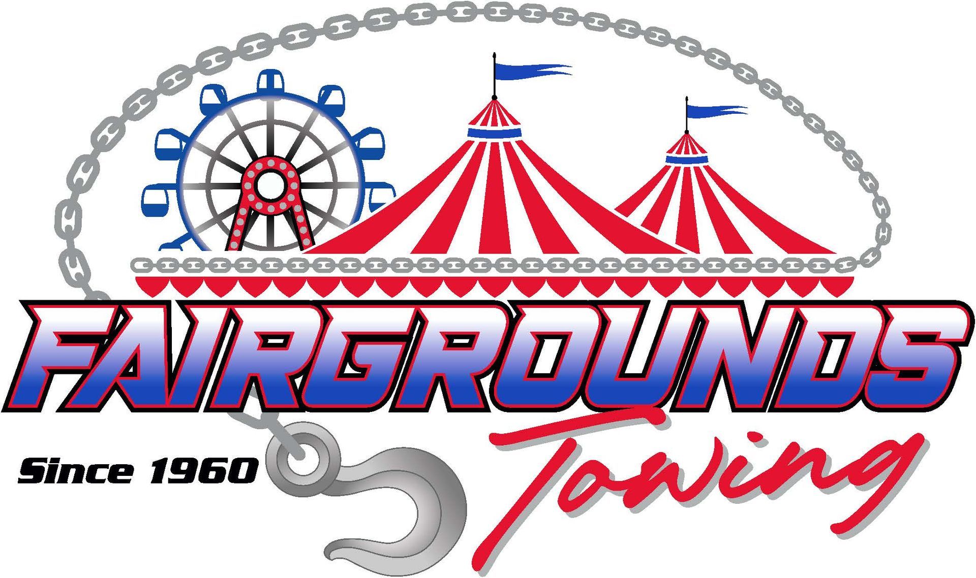 Fairgrounds Towing & Fuel LLC Fairgrounds Towing logo with Ferris wheel and circus tents in red, blue, and gray