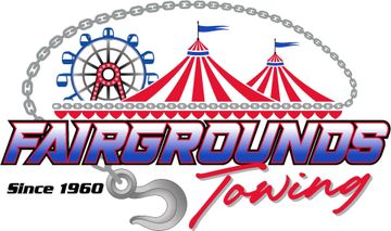 Fairgrounds Towing & Fuel LLC Fairgrounds Towing logo with Ferris wheel and circus tents in red, blue, and gray