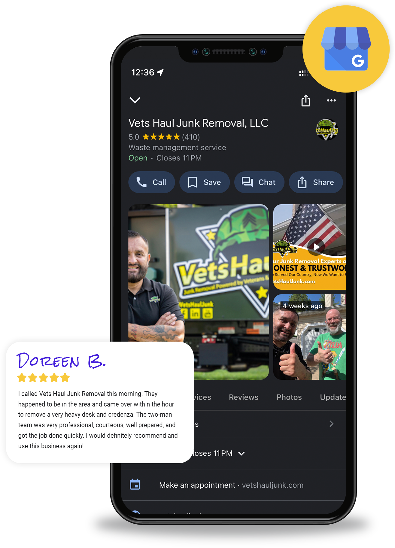 Screenshot of Vets Haul Junk Removal, LLC Google business listing on a phone with a customer review.