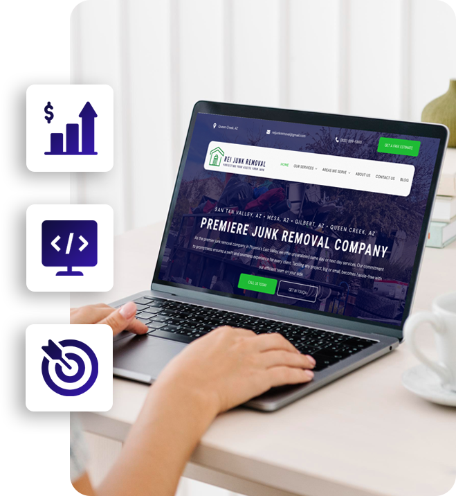 Person working on laptop showcasing a website with icons representing growth, code, and target on the side.