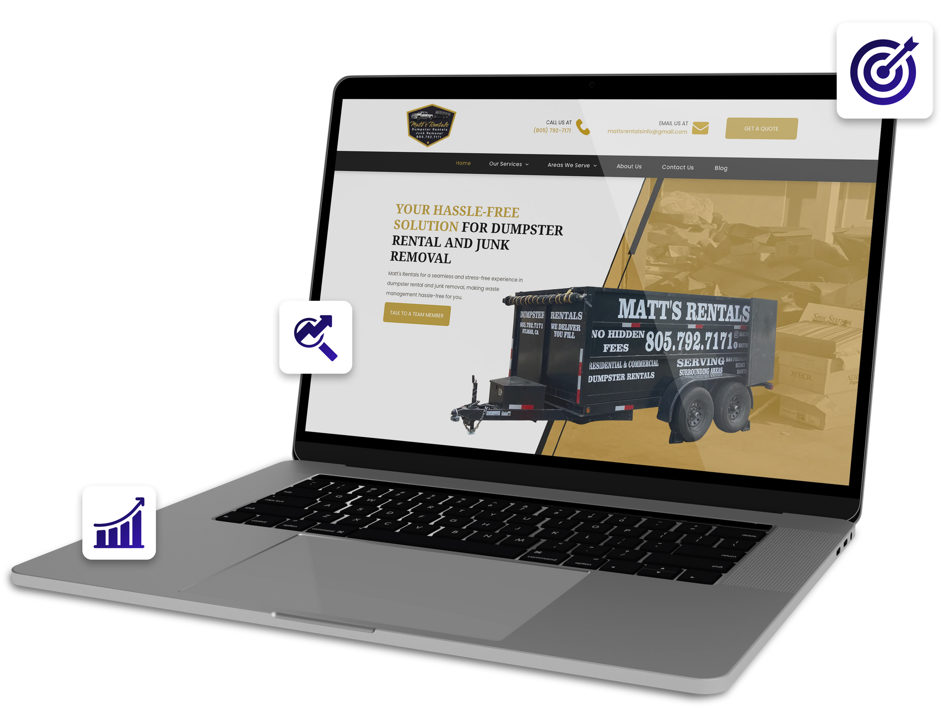 Laptop displaying a website for rental services, with icons for goals, analytics, and growth.