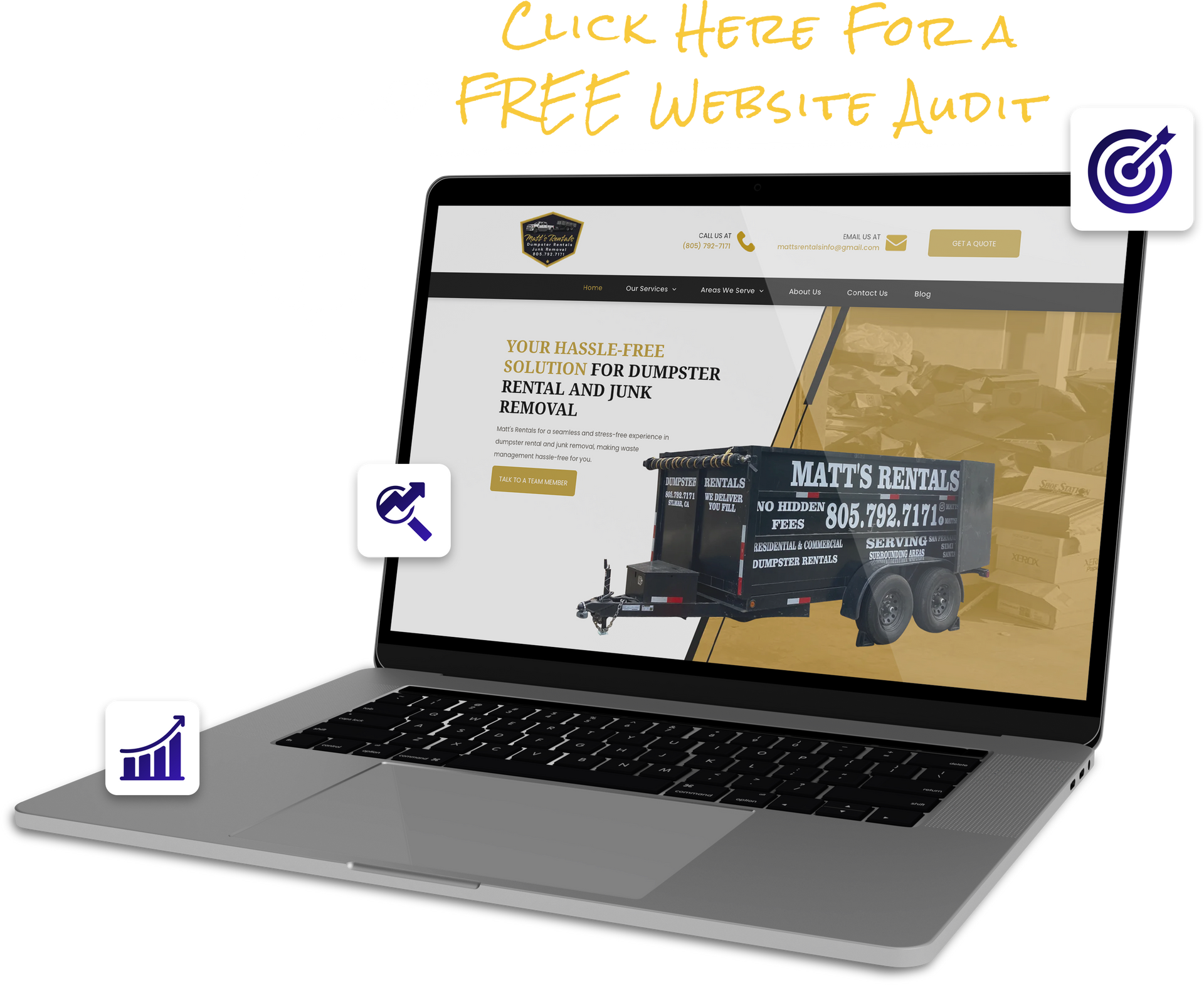 Laptop displaying a website for Matt's Rentals; offers a free website audit.
