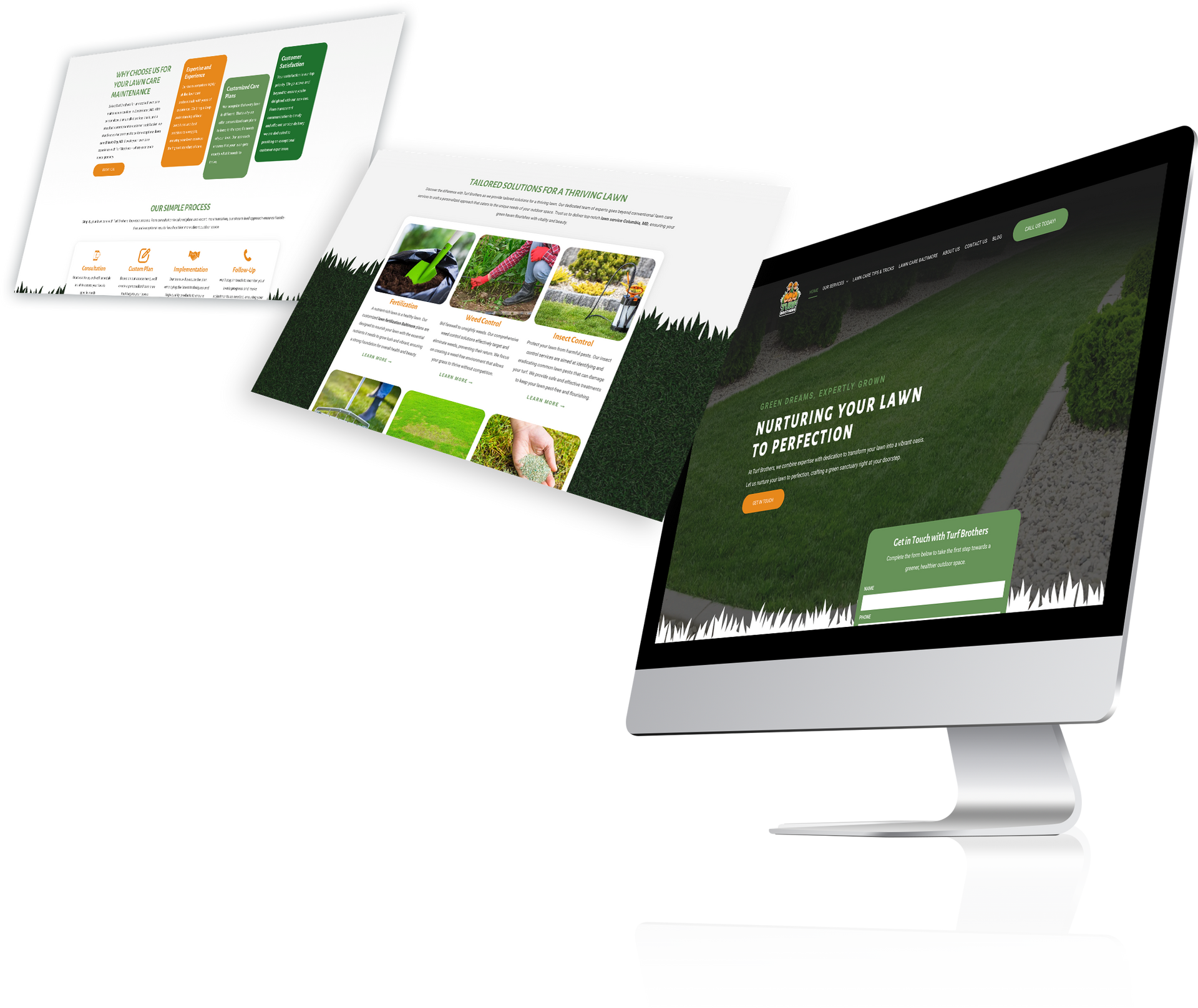 Screenshots of a lawn care website on a computer screen and floating above it. Green and white design.