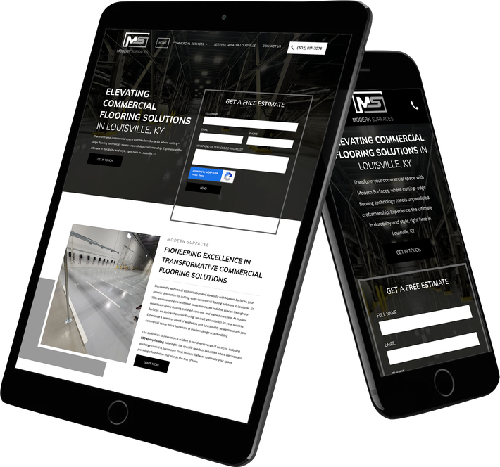Tablet and smartphone displaying a website with a contact form, promoting commercial flooring solutions.