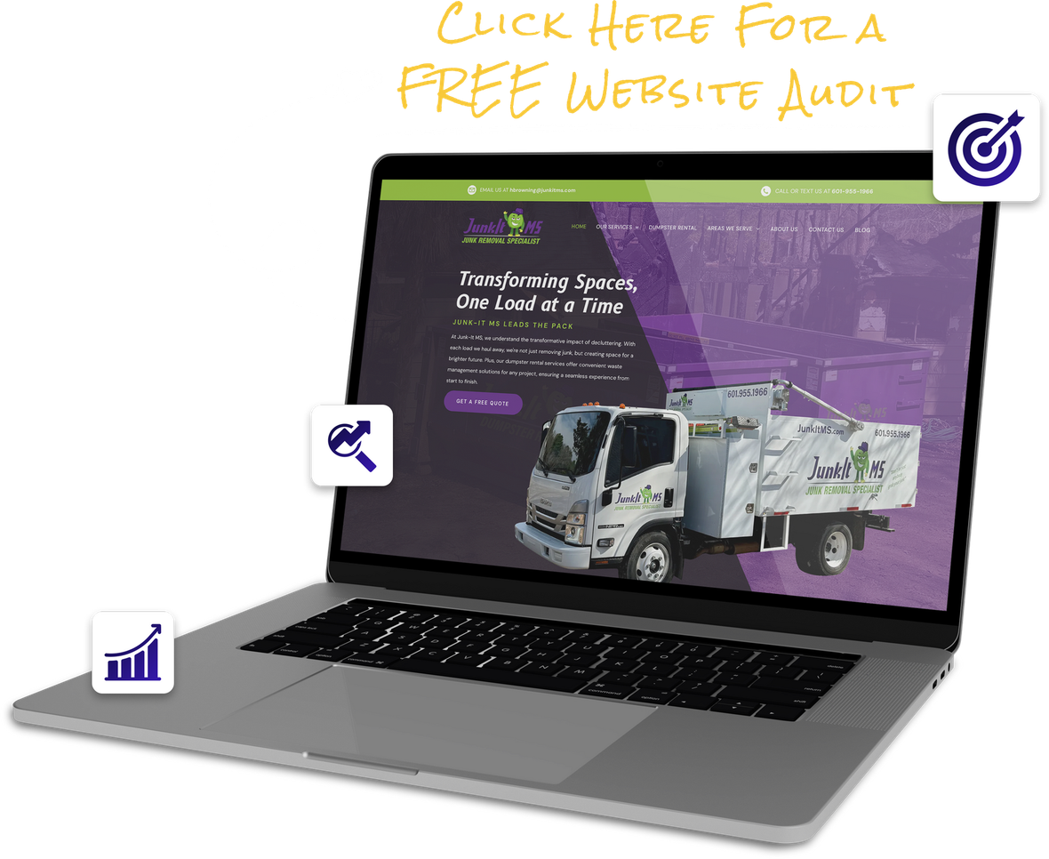 Laptop with a website displayed, advertising a free website audit. Includes icons and text overlay.