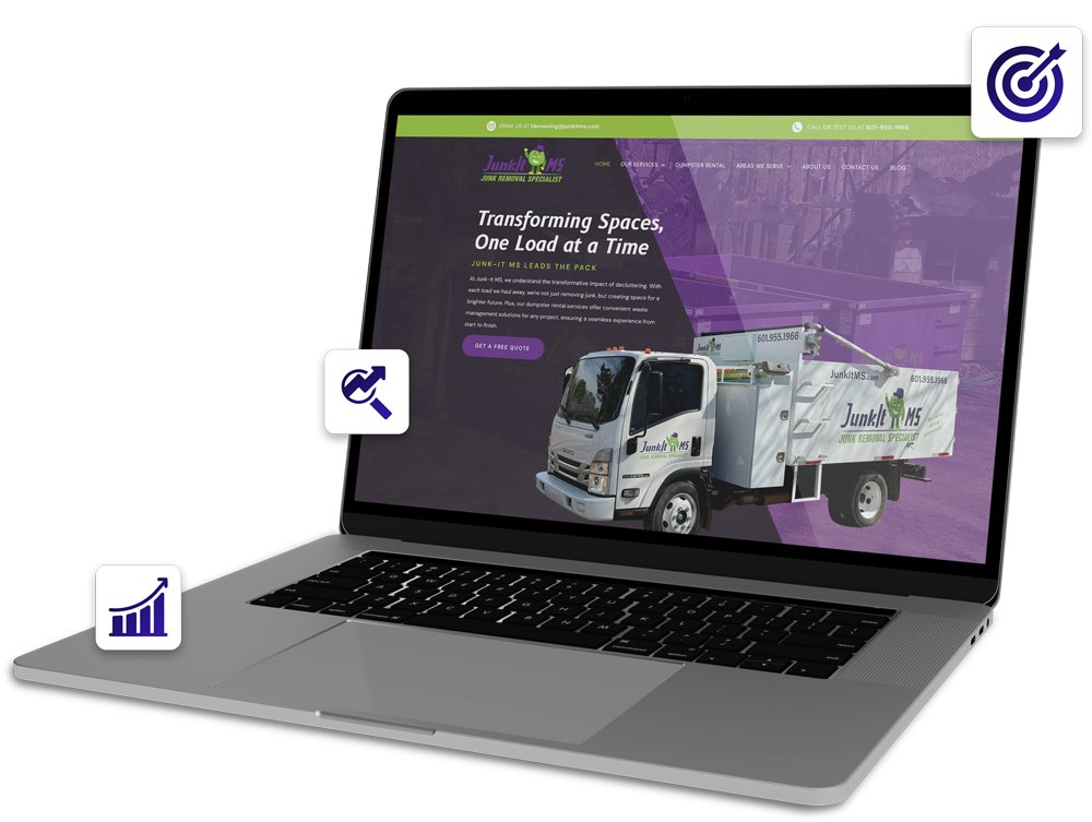 Laptop displaying a website for a junk removal service, with graphic icons overlaid.