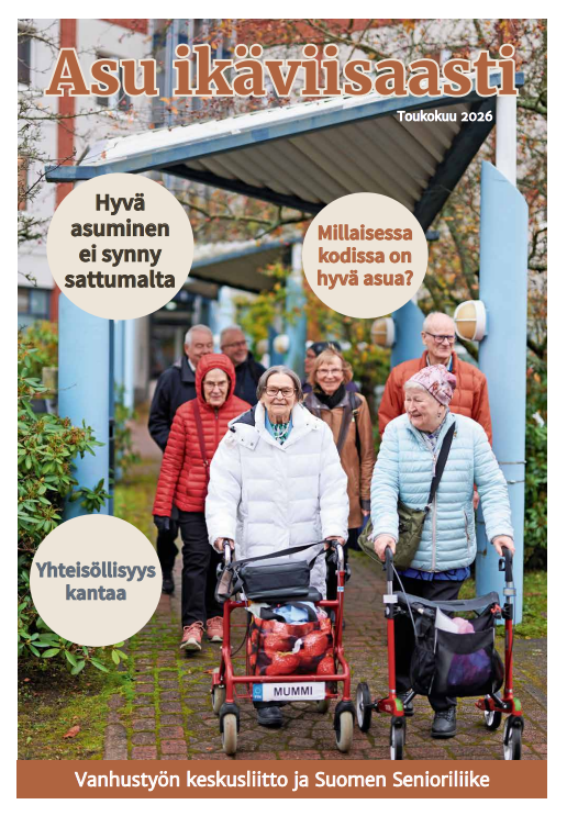 Seniorilehden kansi: lähikuva iäkkäästä pariskunnasta, otsikoita terveydenhuollosta, veroista ja säästämisestä.