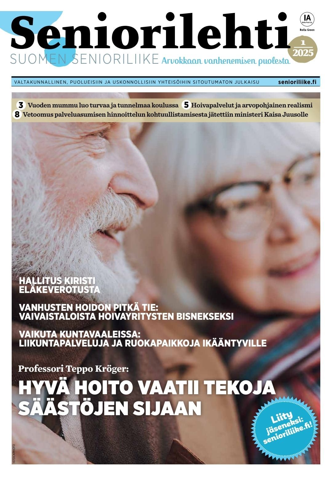 Seniorilehden kansi: lähikuva iäkkäästä pariskunnasta, otsikoita terveydenhuollosta, veroista ja säästämisestä.