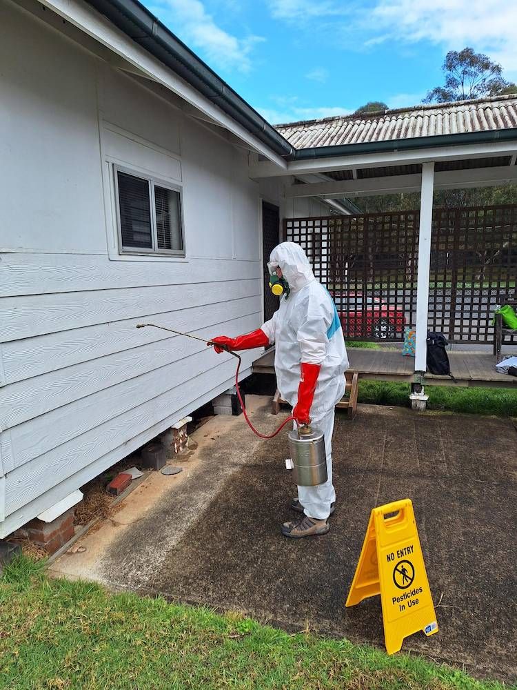 A Man in a Protective Suit is Spraying a House With a Sprayer — Bug Crazy Pest Control in Port Macquarie, NSW