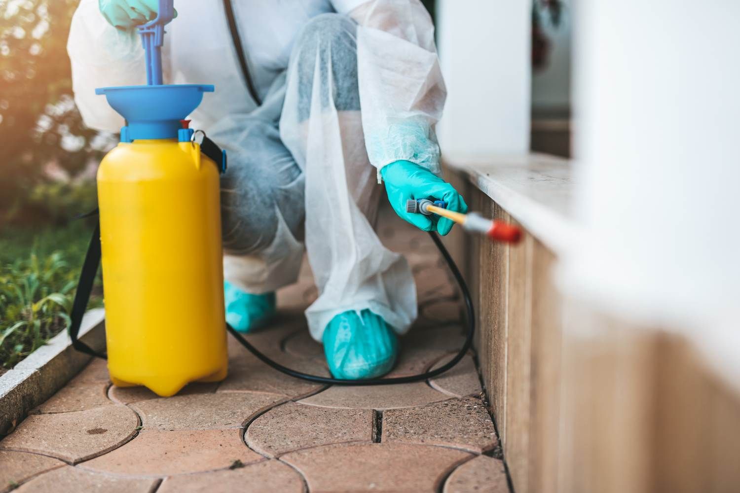 A Person in a Protective Suit is Spraying Insecticide on a Brick Sidewalk — Bug Crazy Pest Control in Bonny Hills, NSW