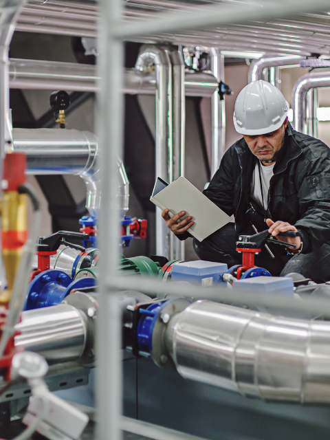 a man in a hard hat is looking at a clipboard in a factory .