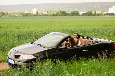 A group of people are standing around a car in the woods.