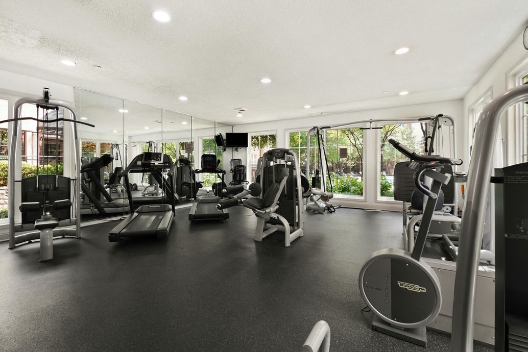 Modern gym with cardio and strength machines, black flooring, and large windows overlooking greenery