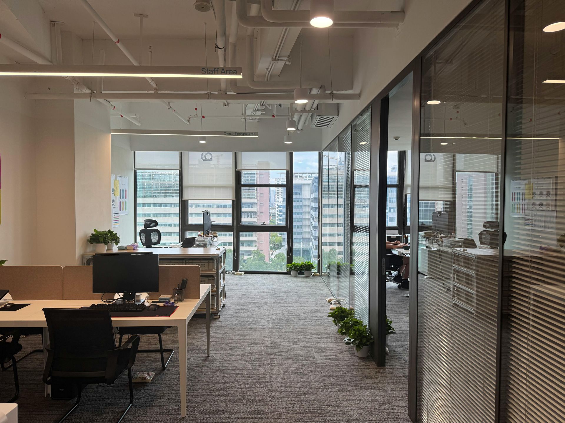 Modern open office with desks, glass walls, carpeted aisle, and city view through windows