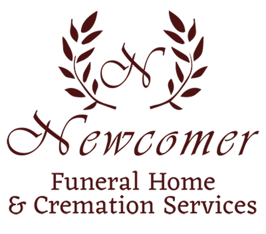Logo for Newcomer Funeral Home & Cremation Services with maroon laurel wreath and script text